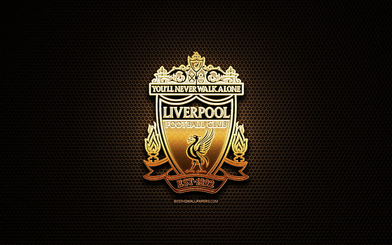 Liverpool FC, glitter logo, Premier League, english football club, metal grid background, Liverpool glitter logo, football, soccer, Liverpool, England, HD wallpaper