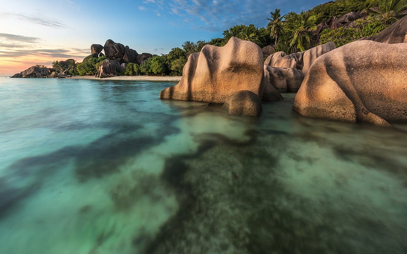 Seychelles, sunset, rocks, beach, Indian Ocean, travel, vacation, tropical islands, palm trees, HD wallpaper