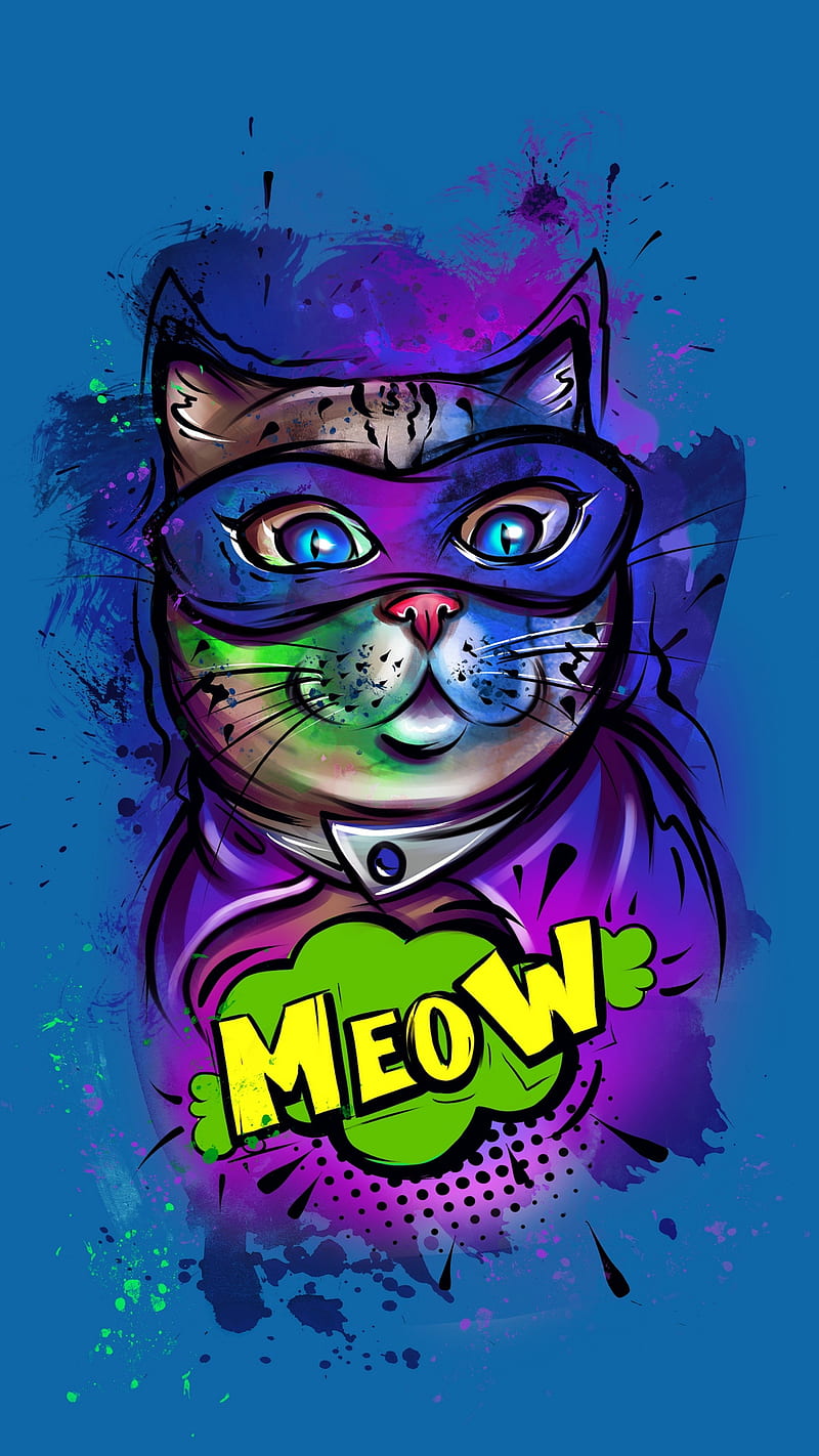 Meow, animal, cartoon, cat, drawings, mask, pet, HD phone wallpaper