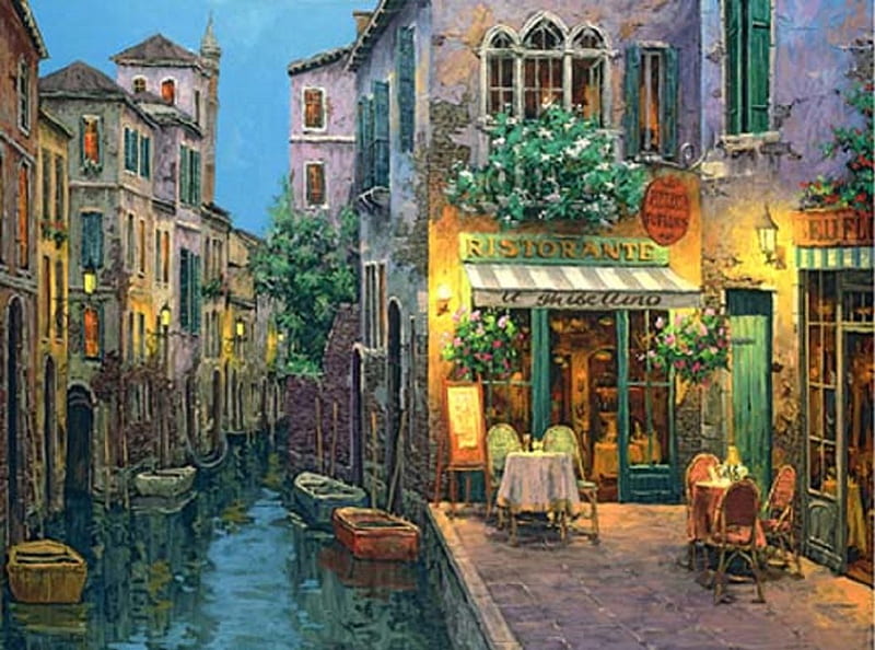 Table for Two in Venice, Venice, architecture, table, Italy, houses, painting, HD wallpaper