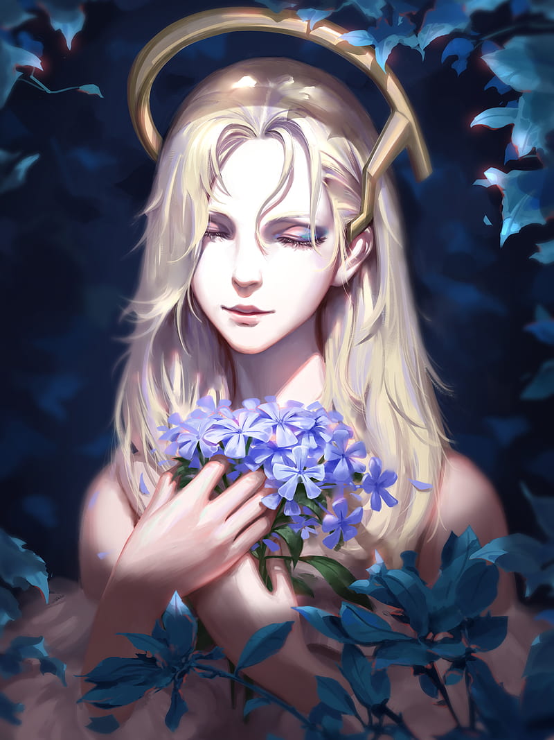 Mercy (Overwatch), Overwatch, video games, video game characters, video game girls, portrait display, closed eyes, blonde, flowers, nature, plants, fan art, artwork, drawing, digital art, Liang Xing, Liang-Xing, HD phone wallpaper