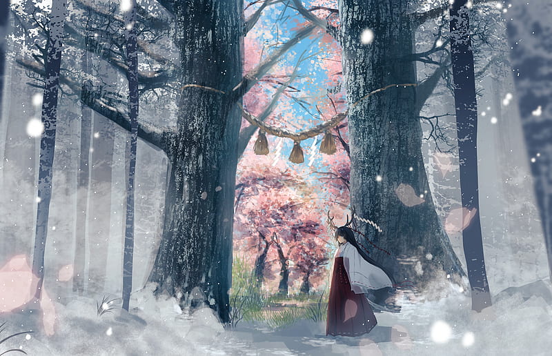 anime forest, scenic, snow, miko, anime girl, sakura blossom, painting, Anime, HD wallpaper