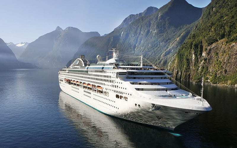 Cruise ship, mountain, cruise, boats, water, ship, travels, sea, blue, HD wallpaper