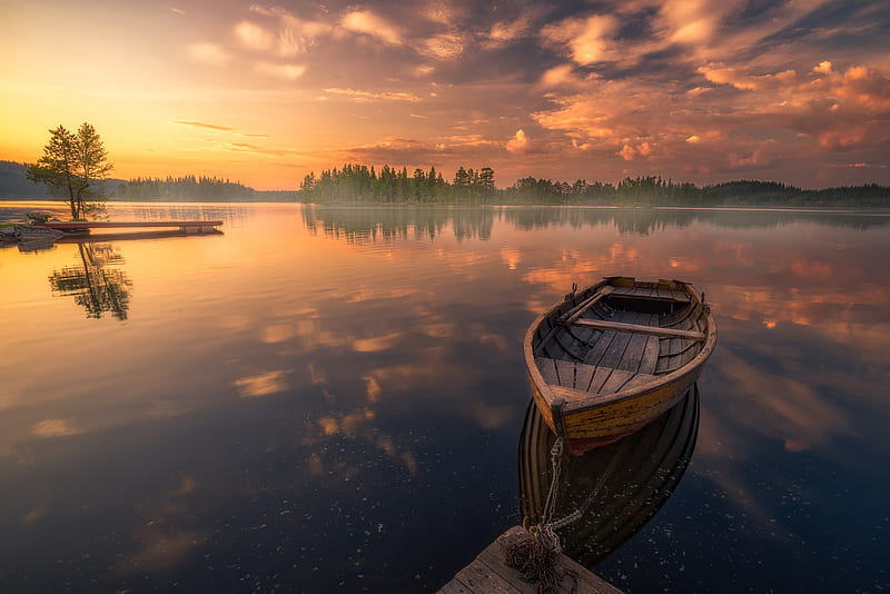 Boat In Silent Lake Nature Sunset, lake, nature, sunset, graphy, HD wallpaper
