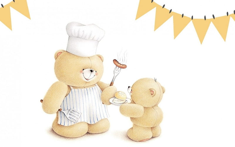 Bon appetit!, food, toy, yellow, card, cute, barbecue, hotdog, white, teddy bear, HD wallpaper