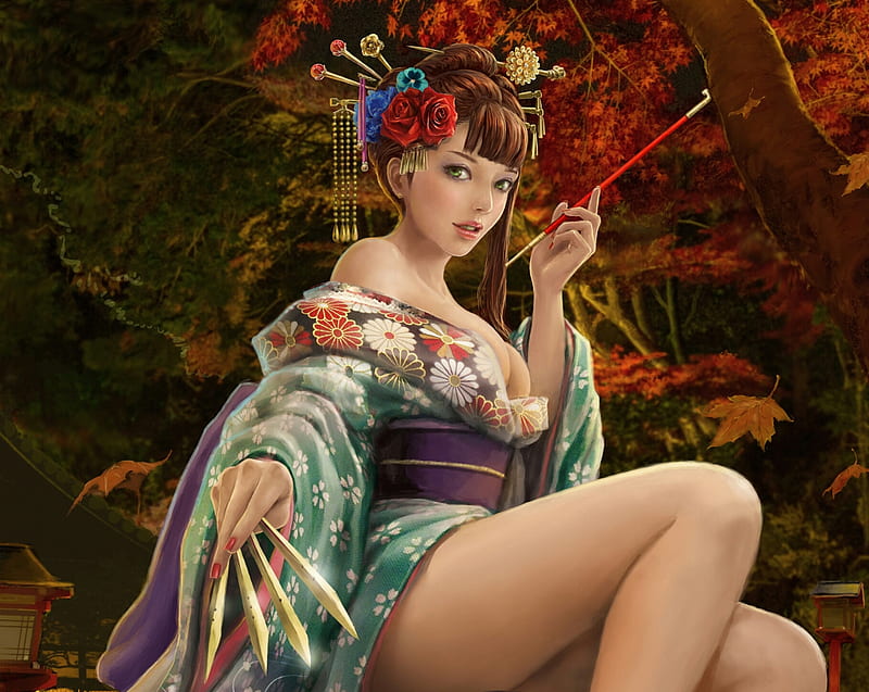 Ikumatsu Okada, red, fantasy, luminos, girl, green, frankiew yip, asian, kimono, hand, HD wallpaper