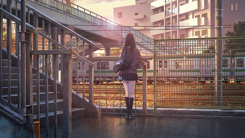 Anime Girl Platform Watching Train , anime-girl, anime, artist, artwork, digital-art, HD wallpaper