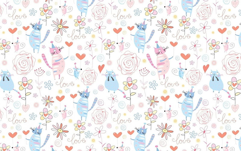 Texture, pattern, cat, flower, child, paper, white, pink, blue, HD wallpaper