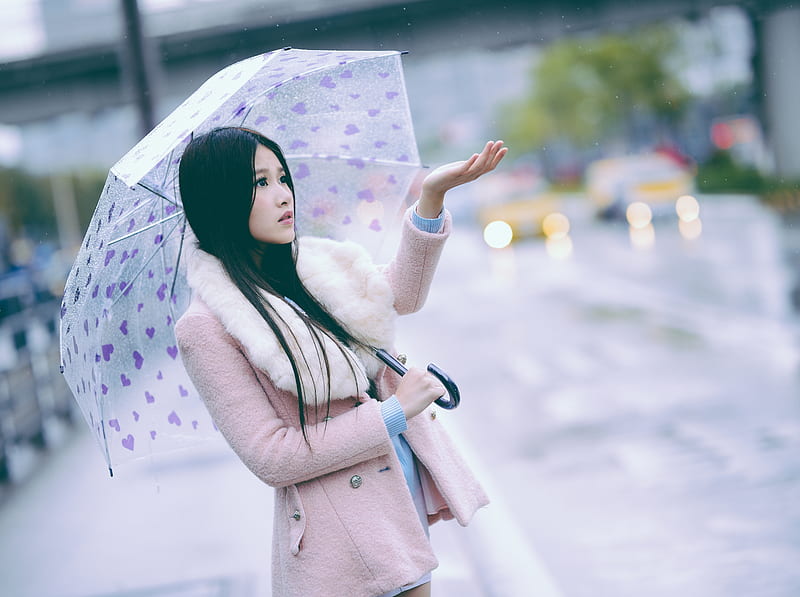 Cute Girl in the Rain with Umbrella Ultra, Girls, Girl, Autumn, Pink, Scene, rain, Urban, Fall, Model, Asian, Umbrella, Cute, Pretty, Aries, HD wallpaper