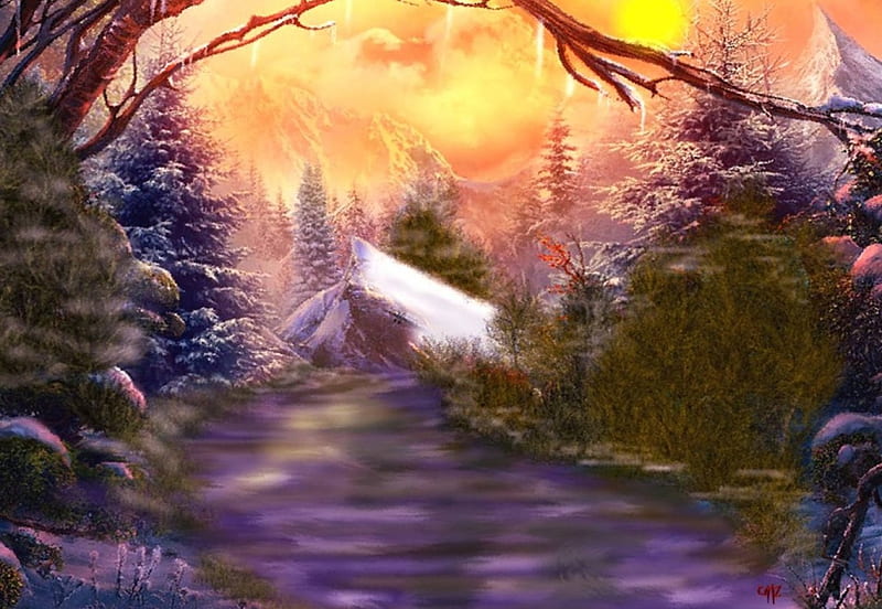 Paisaje nevado, fantasia, color, landscape, snow, HD wallpaper