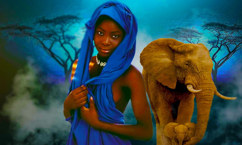 Afrika, art, elephants, cg, elephant, savanna, bonito, woman, fantasy, girl, digital, blue, HD wallpaper