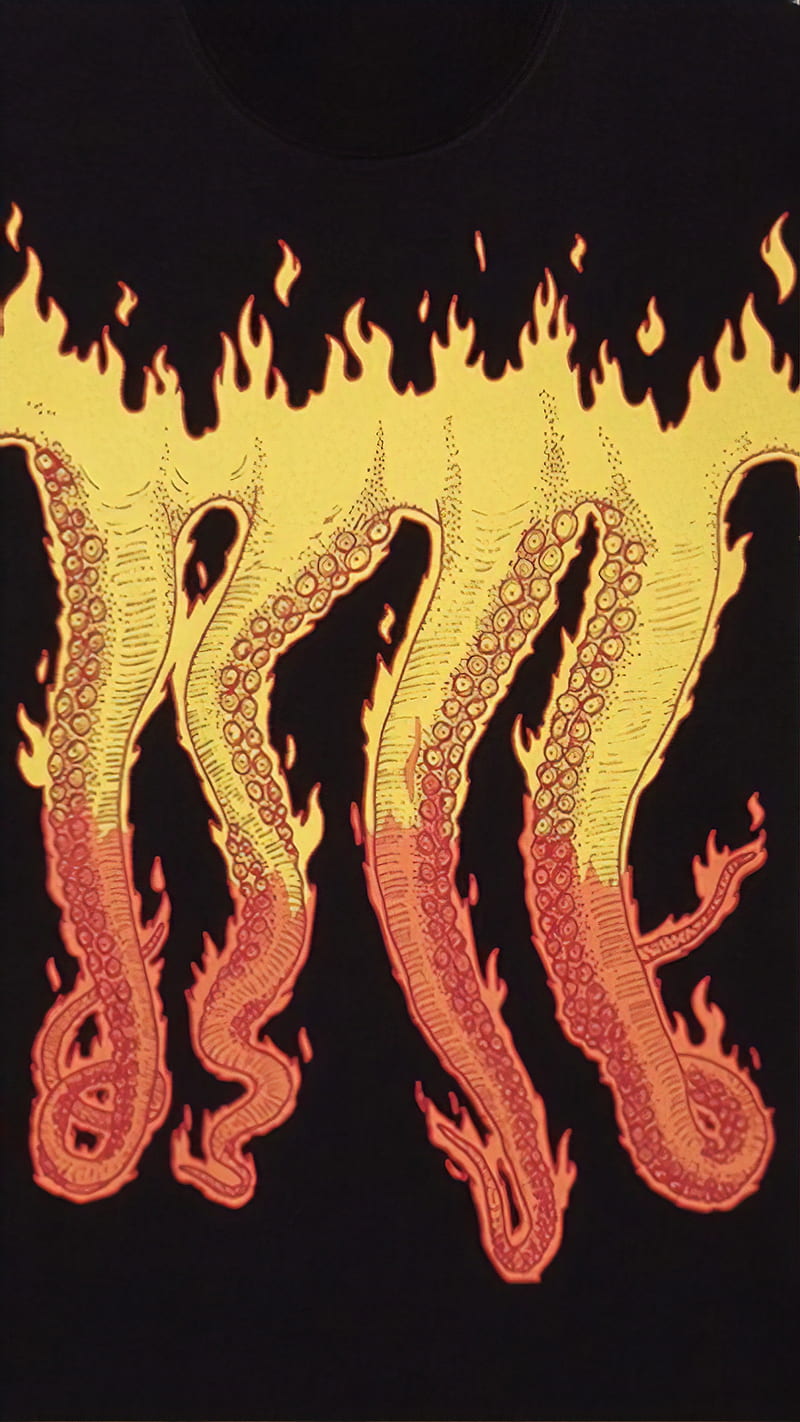 Octopus flame, black, drefgold, fire, madman, octopus brand, orange, red, yellow, HD phone wallpaper
