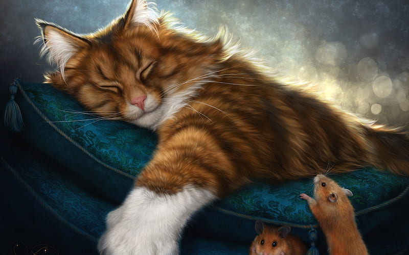 sleeping cat, mouse, pillow, cats, art, HD wallpaper