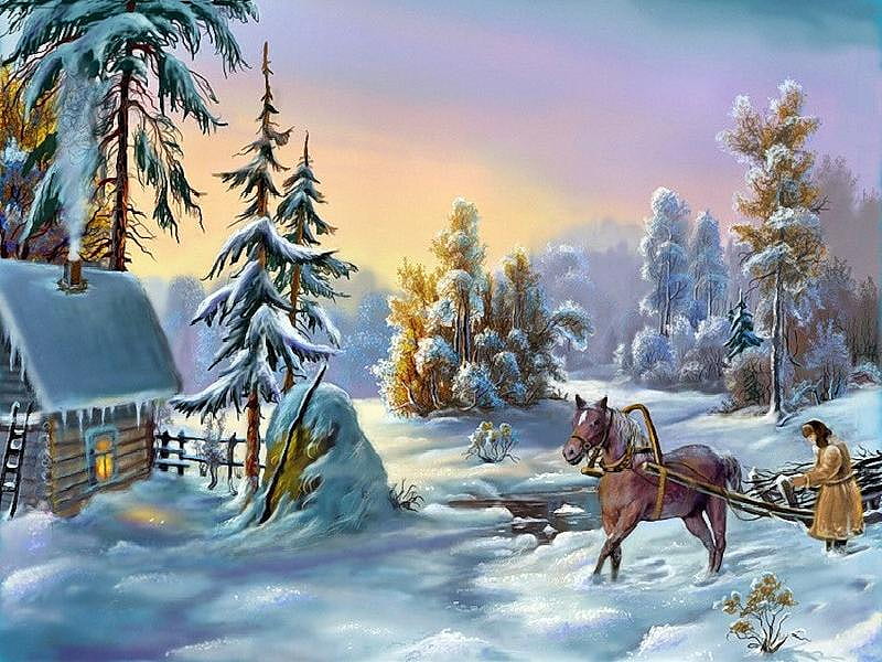 Winter Wonderland, sleigh, house, man, trees, horse, sky, winter, coat, pine, snow, painting, smoke, chimney, wood, HD wallpaper