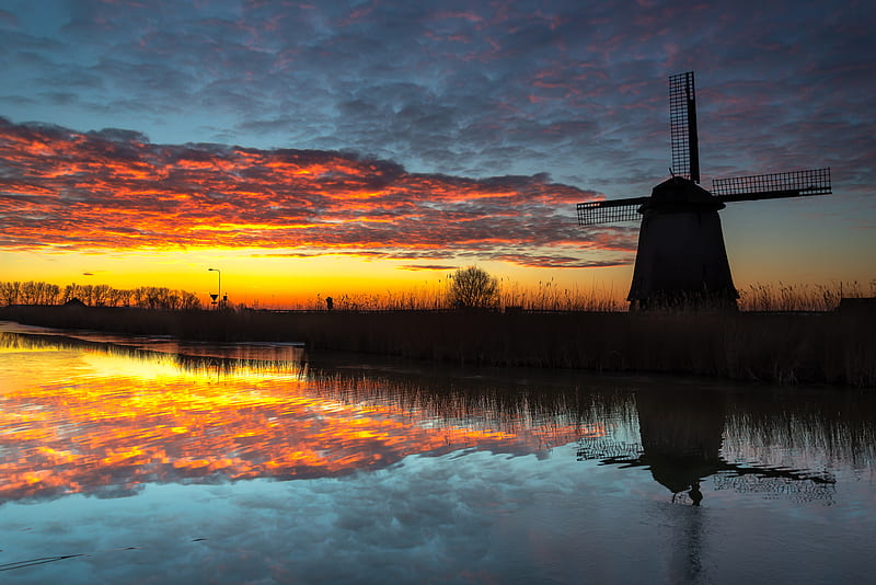 windmill, dark, dusk, river, nature, HD wallpaper
