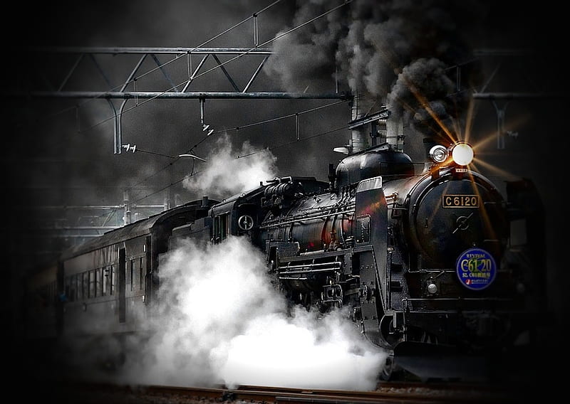 Night Time Steamer, engine, dark, black, steam, smoke, vintage, light, HD wallpaper