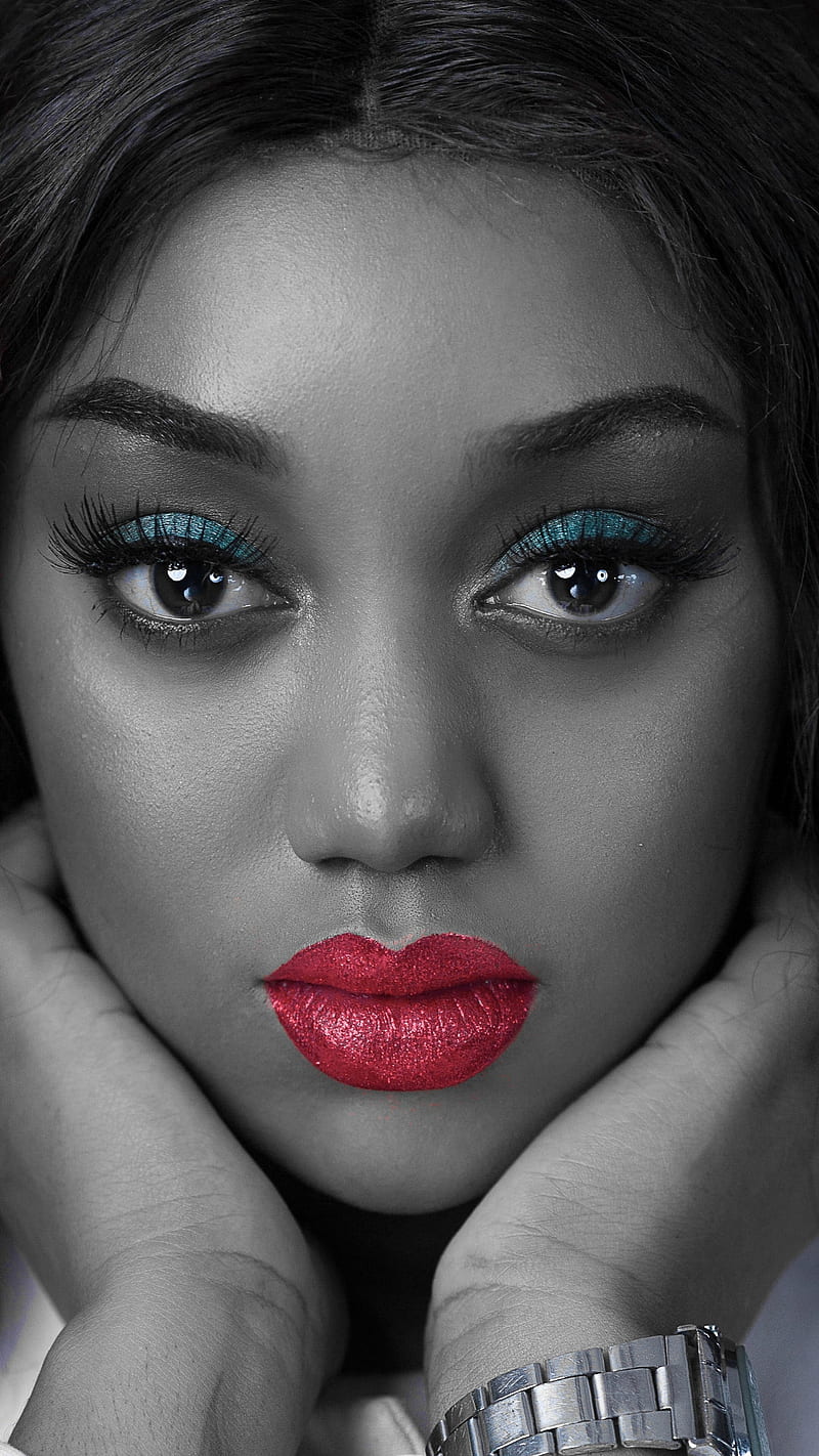 Portrait, africa, african, bonito, beauty, black and white, blue eyes, bw, girl, red lips, HD phone wallpaper