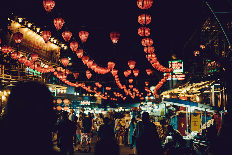 people walking between food stalls under chinese lanterns, HD wallpaper