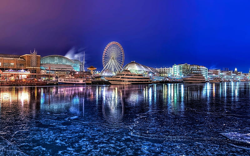 Chicago winter, Navy Pier, embankment, Illinois USA, America, HD wallpaper