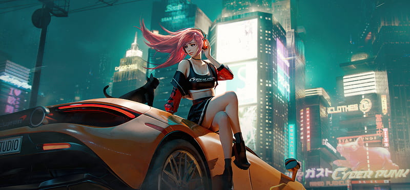 Cyberpunk Anime Girl With Mclaren And Cat , cyberpunk, anime-girl, anime, cat, artist, artwork, digital-art, artstation, HD wallpaper