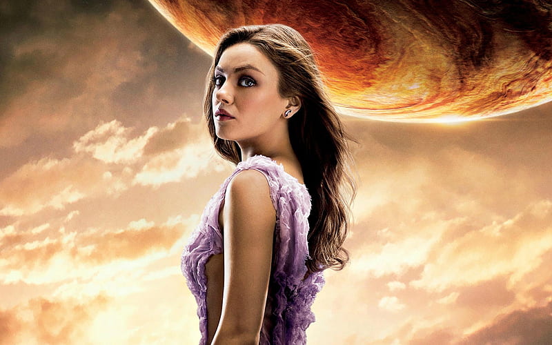 Jupiter Ascending (2015), poster, movie, orange, woman, fantasy, girl, purple, actress, jupiter ascending, Mila Kunis, HD wallpaper