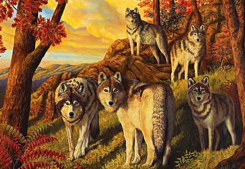 Manada de lobos, otoño, árboles, cielo, nubes, obra de arte, depredador,  pintura, Fondo de pantalla HD | Peakpx