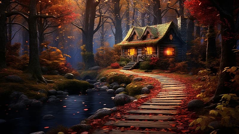 House in the autumn forest, esik, oszi jelenet, szabadban, tajkep, szines levelek, kunyho, fak, patak, oszi levelek, termeszet, ejszaka, osz, erdo, HD wallpaper