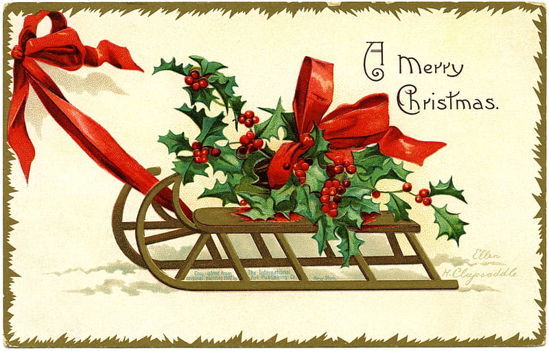 Merry Christmas!, mistletoe, sleigh, red, craciun, green, bow, card, vintage, christmas, HD wallpaper