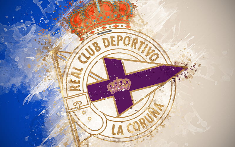 Deportivo La Coruna, RC Deportivo paint art, logo, creative, Spanish football team, Segunda, emblem, blue white background, grunge style, La Coruña, Spain, Second Division B, football, HD wallpaper