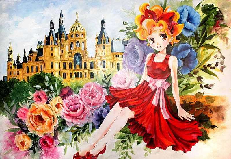 Girl, red, dress, rose, manga, anime, flower, castle, pink, blue, HD wallpaper