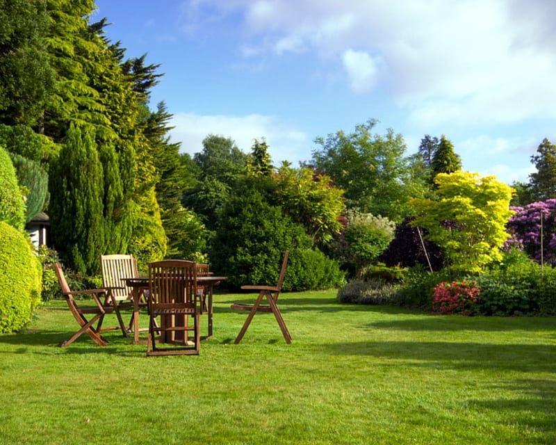 Lovely day, table, grass, nature, chair, landscape, HD wallpaper | Peakpx