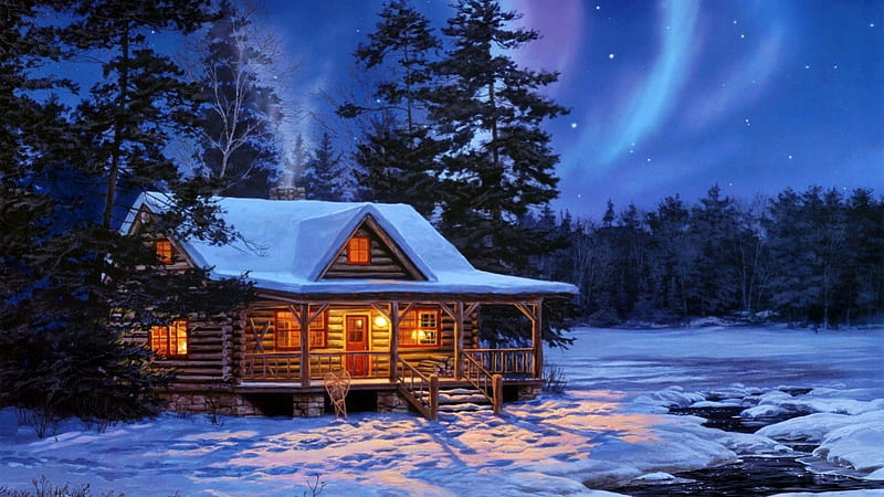 NOTHERN LIGHTS- MAGICAL NIGHT, NORTHERN, WOODS, LIGHTS, WINTER, MAGICAL, CABIN, NIGHT, HD wallpaper