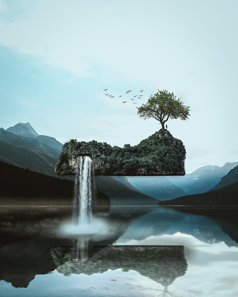 Floating Island, floating, island, mountains, hop, surreal, waterfall, waterfalls, HD phone wallpaper