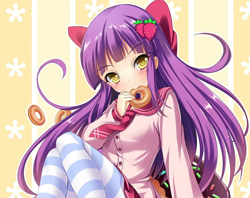 Donut, pretty, bonito, eat, sweet, nice, anime, hot, beauty, anime girl, long hair, delicious, female, lovely, food, ribbon, purple hair, sexy, yellow eyes, cute, kawaii, girl, eating, HD wallpaper