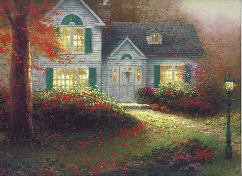 T.K.-the blessings of autumn, painting, autumn, house, light, HD wallpaper