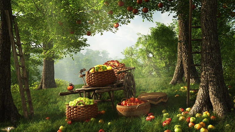 Harvest Time, baskets, apples, painting, trees, artwork, landscape, HD wallpaper