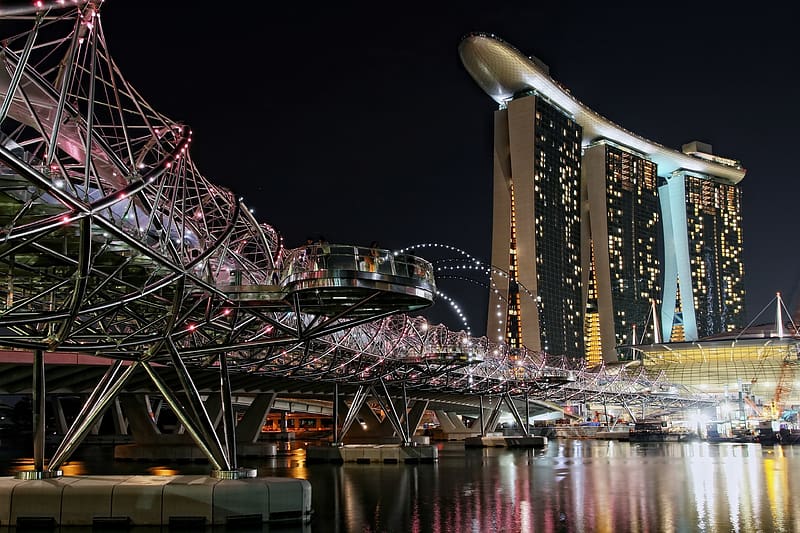 Water, Bridges, Architecture, Building, Reflection, Bridge, Singapore, , Ligths, Marina, Helix Bridge, Nigths, HD wallpaper