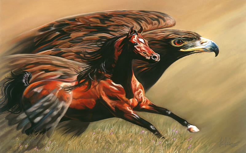 SPIRITS TAKE FLIGHT, golden eagle, speed, wild horse, challenge, run, HD wallpaper