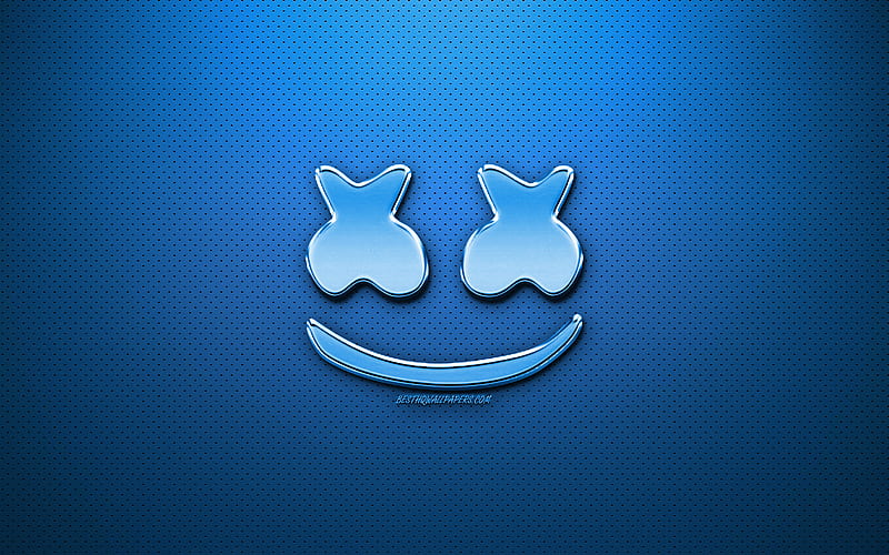Marshmello blue logo, fan art, american DJ, chrome logo, Christopher Comstock, Marshmello, blue metal background, DJ Marshmello, DJs, Marshmello logo, HD wallpaper