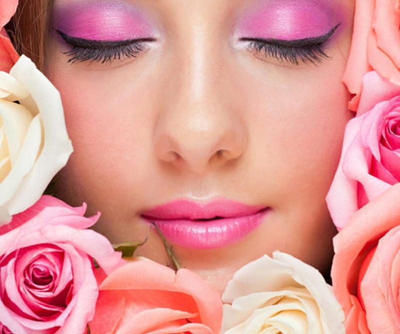 Pink roses beauty, lovely, eyeshadow, closed eyes, pink lips, roses, pink roses, gorgeous face, makeup, beauty, pink, HD wallpaper