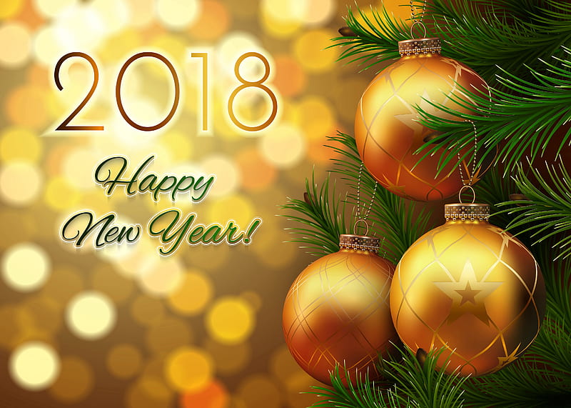 Happy New Year!, ball, holiday, golden, new year, branches, 2018, happy, HD wallpaper