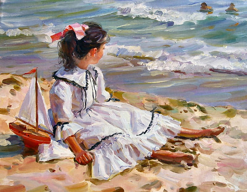 Little Girl in Caressing Sun, art, bonito, waves, illustration, artwork, beach, sand, little girl, painting, portrait, HD wallpaper