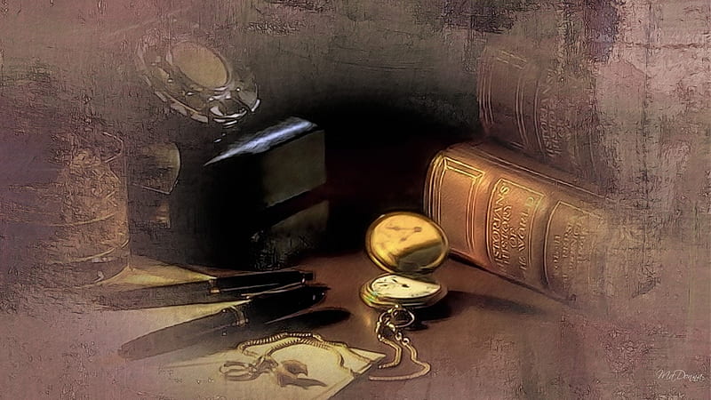 Old World Desk, telephone, books, pocket watch, firefox persona, abstract, antique, renaissance, letter openers, vintage, HD wallpaper