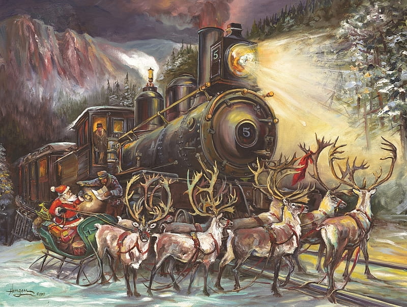 Santa, art, christmas, train, craciun, painting, reindeer, pictura, HD wallpaper