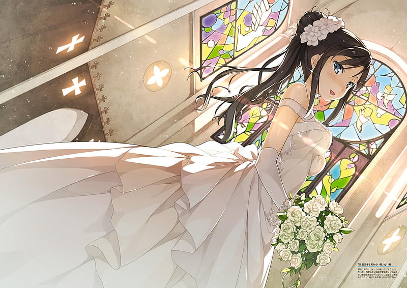 anime bride, wedding dress, flower bouquet, blue eyes, Anime, HD wallpaper