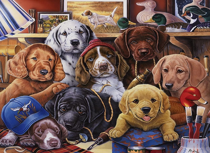 Grandpa's puppies, cute, art, caine, painting, jenny newland, pictura, puppy, dog, HD wallpaper