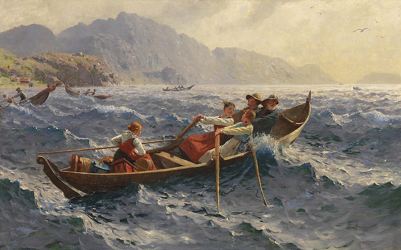 Stormy crossing of the fjord, art, boat, people, painting, hans dahl, storm, pictura, HD wallpaper
