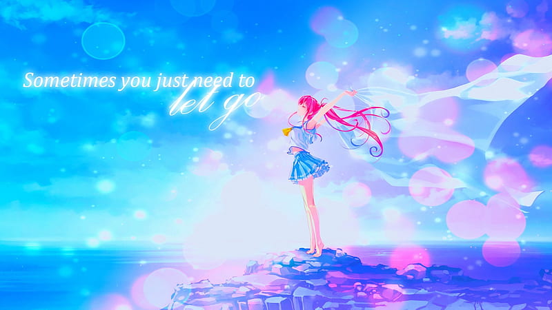 ~Just Let Go~, ponytail, girl, anime, ocean, skirt, barefoot, red hair, long hair, HD wallpaper