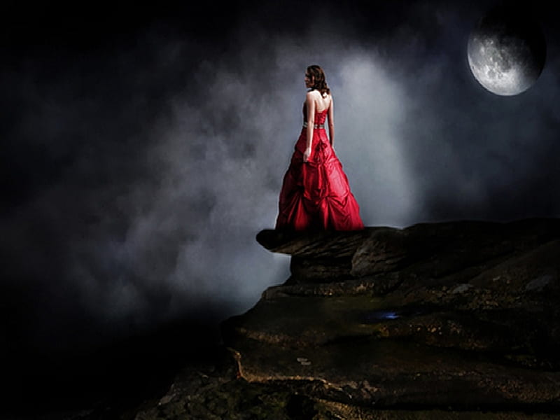 A Moment Alone., red, art, female, dress, abstract, woman, clouds, alone, fantasy, moon, girl, dark, cliff, night, HD wallpaper