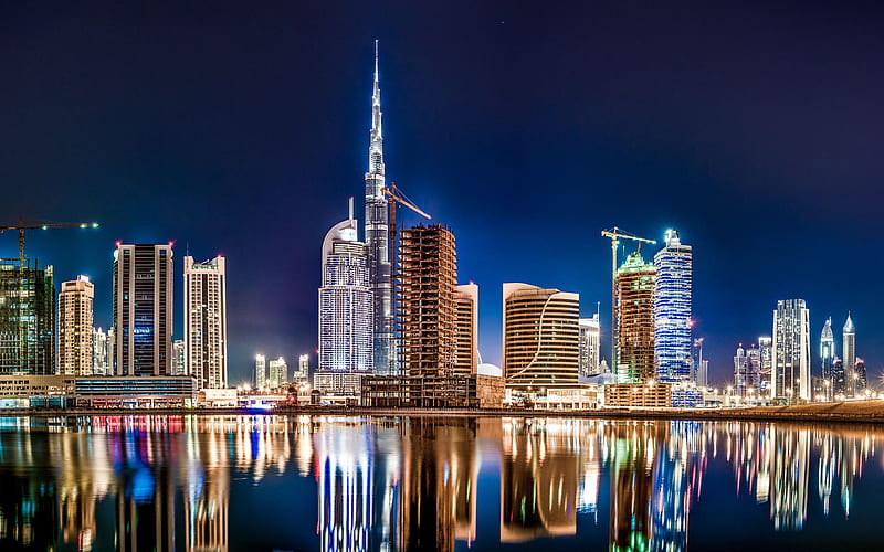 Dubai, Burj Khalifa, night, skyscrapers, Dubai cityscape, city lights, UAE, Dubai at night, HD wallpaper